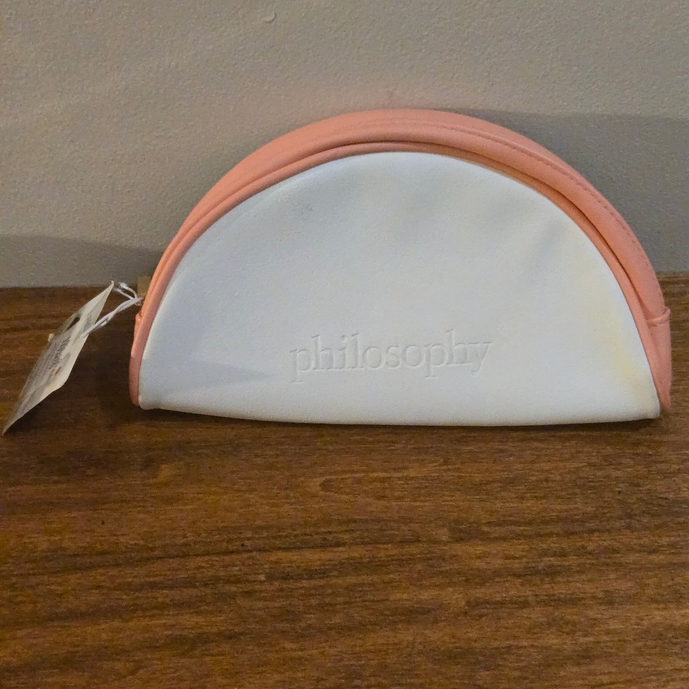 Philosophy White and Peach Pink Faux Leather Half Moon Cosmetic Bag NWT Bag Only